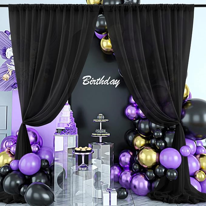 PARTISKY 10ftx10ft Black Chiffon Sheer Backdrop Curtains, Wrinkle-Free Wedding Backdrop Drapes for Birthday Party Ceremony Arch Stage Decor Background for Photography 5ft x 10ft,2 Panels