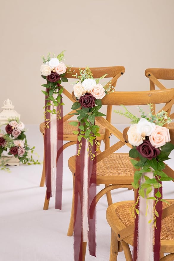 Artificial Flowers Set of 10 Burgundy Wedding Pew Decor with Roses