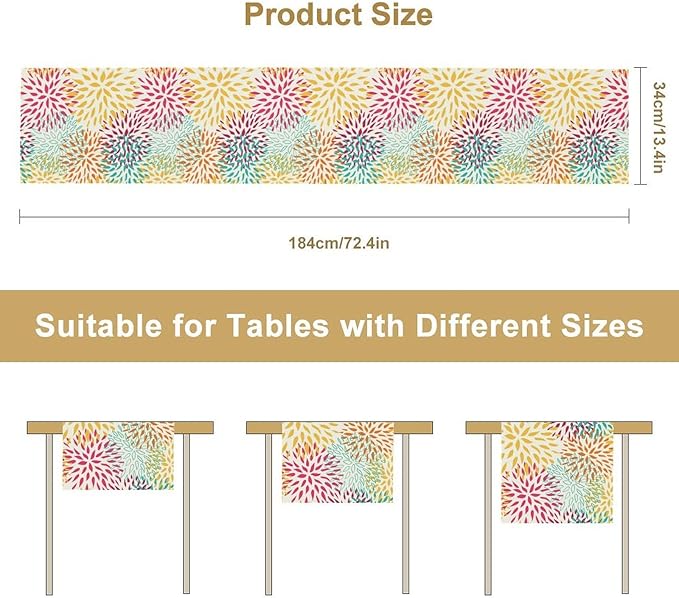 Abstract Flowers Table Runner, Chrysanthemum Dahlia Vintage Modern Colorful Spring Summer Elegant Table Runner for Party Kitchen Dining Living Room Laundry Room Decor, 13x60 Inch