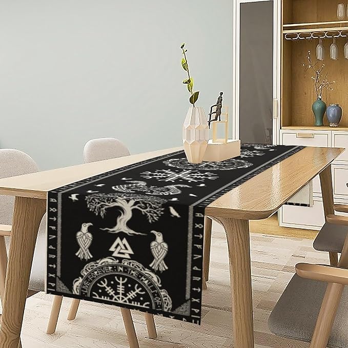 Ancient Abstract Pattern Table Runner, Tree of Life Eagle Dragon Boat Rudder Black and White Table Runner 13x60 Inch