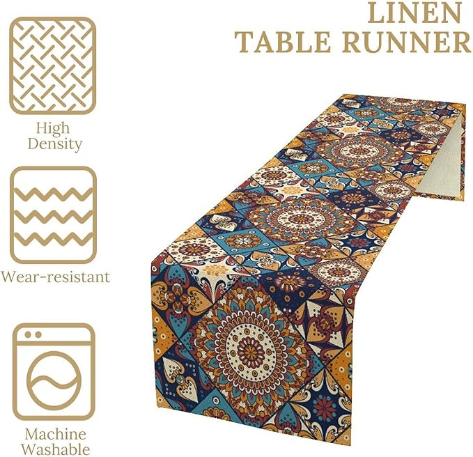 Vintage Mandala Table Runner, Bohemian Brown Blue Tile Traditional Indian Flowers Table Runner for Kitchen Dining Table Office Wedding Party Holiday Home Decor, 13x36inch