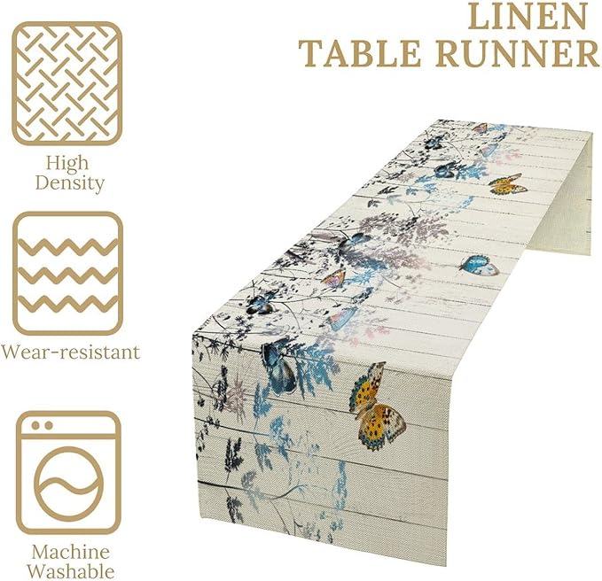 Nature Dandelion Table Runner,Rustic Floral Wood Plank Butterfly Girl Women Pattern Print Burlap Tablecloth for Hotel Indoors Outdoor Dining Room Kitchen Table Decor, 13x36in