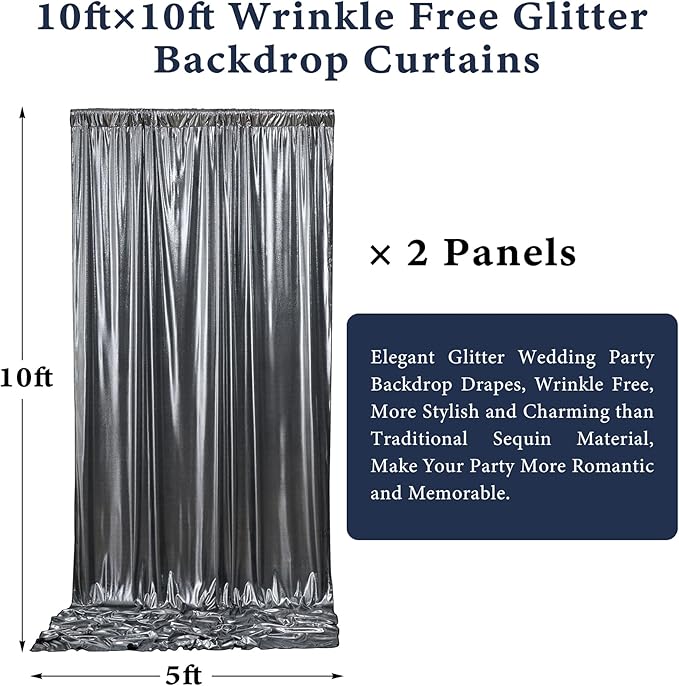 Outpain Thick 10 ft x 10 ft Black Silver Sequin Backdrop Curtain for Parties, Wrinkle Free Glitter Photo Backdrop Drapes 2 Panels 5x10ft Black Silver Back Drop Cloth for Wedding Photography Background