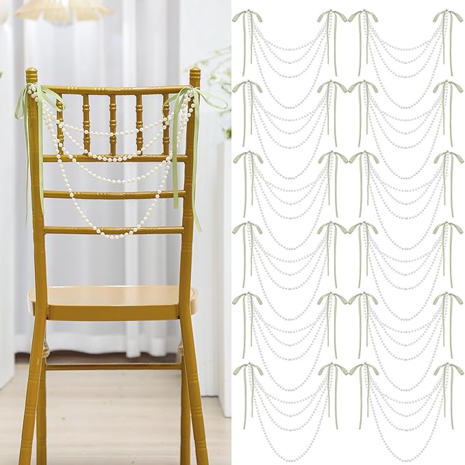 Garlands with Ivory Faux Pearl Beads and Sage Green Satin Bows, 16 Pack