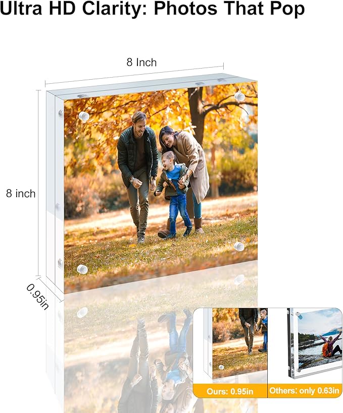 5 Pack 8x8 Acrylic Picture Frames - 20% Thicker Double Sided Magnetic Frame with UV Protection - Freestanding Clear Frameless Display for Tabletops - Modern Photo Frame Set for Home & Office Decor
