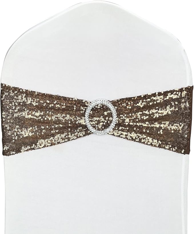 100 Pcs Chair Sashes Sequin Stretch Chair Bands Spandex Polyester Bows for Party Hotel Wedding Banquets Decoration - Coffee