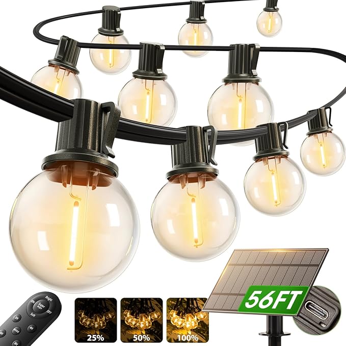 String Lights, 50 Ft Solar Patio Lights with Remote and 25 G40 Bulbs
