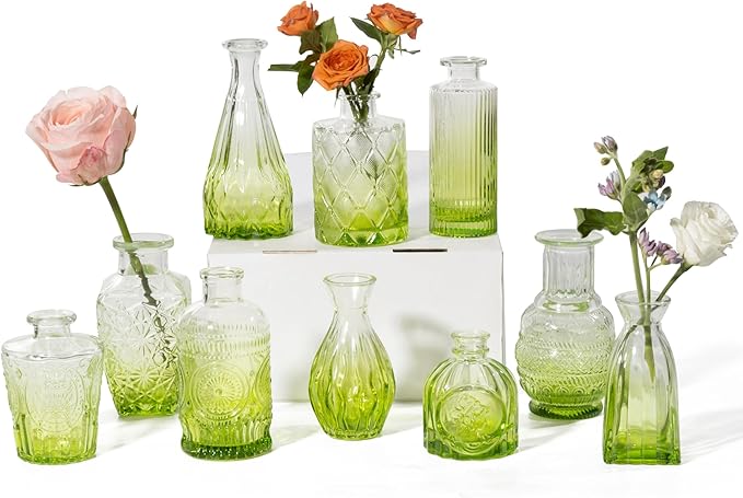 Vintage Small Glass Vases Set of 10,Mini Bud Vases for Flowers,Amber Glass Vases for Centerpieces,Wedding Decorations,Home Table Flower Decor (Olive Green)