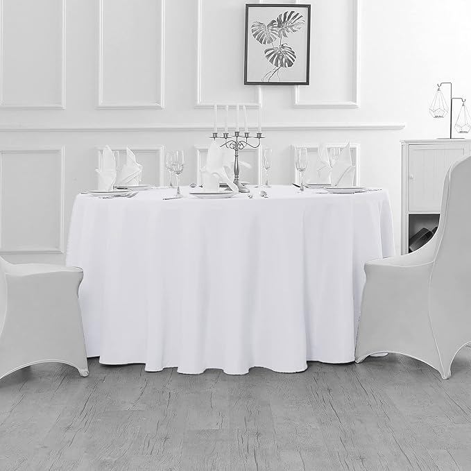 Round Tablecloth in White Polyester, Waterproof and Wrinkle Free