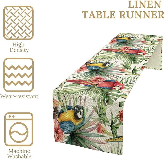 Parrot Table Runner,Tropical Palm Leaf Colorful Macaw Bird Watercolor Print Tablecloth Burlap for Hotel Indoors Outdoor Dining Room Kitchen Home Decor,W13X L90 in