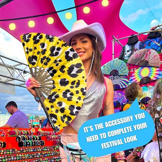 Kandies World UV Reactive Custom Festival Folding Hand Fan - Unique Designs, Made of Bamboo, Clacking Sound, Lightweight - Perfect Rave and Festival Accessory!