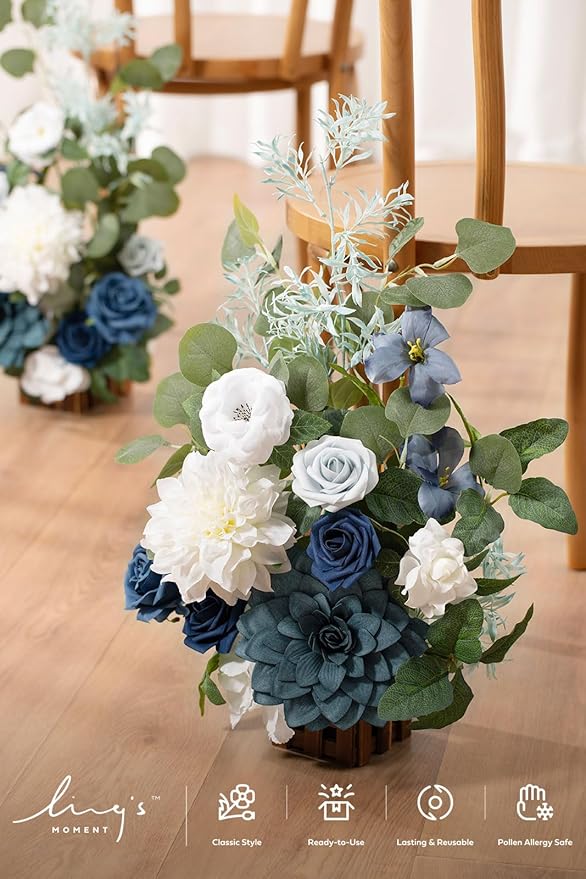 Artificial Flower Arrangements 4 Pack, 17.5 Inch Dusty Blue Navy Wedding Decor