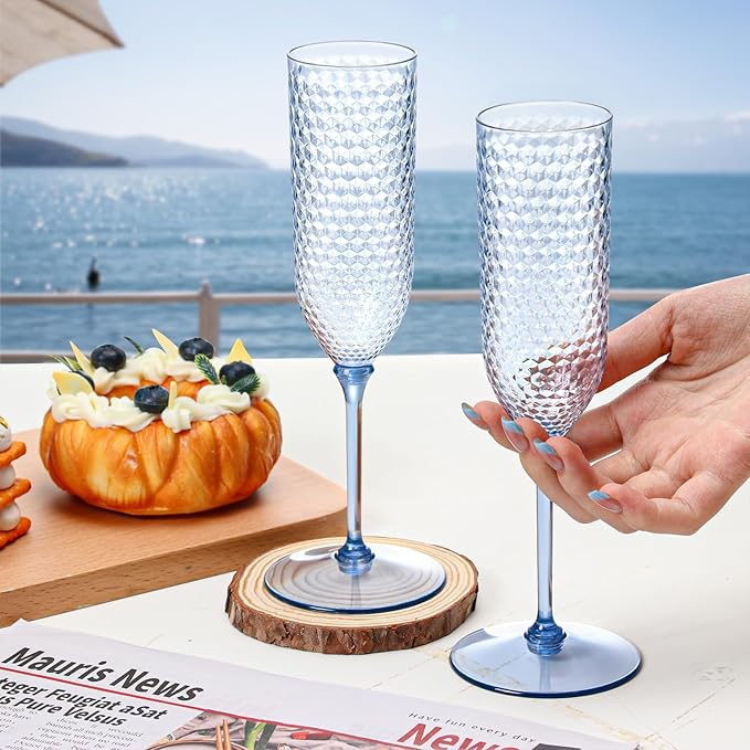 Champagne Glasses, Blue Plastic 5.5 Oz Detachable 2-Piece Flutes