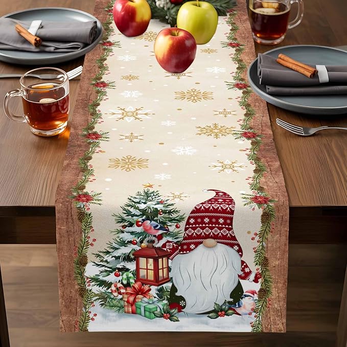 Christmas Gnomes Cotton Linen Table Runner for Dining Kitchen, Xmas Pine Tree Snowflake Rustic Wedding Outdoor Party Tablerunners Decoration, Retro Wood Dresser Scarf Tablecloth Runners 13x48 Inches