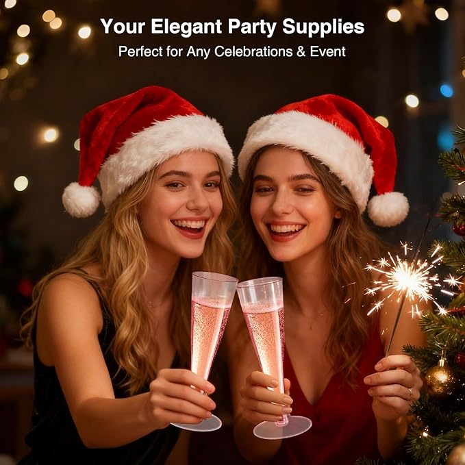 100 Pack Pink Champagne Flutes Plastic Wine Glasses Disposable, 4.5 Oz Clear Mimosa Glasses for 2025 Engagement Wedding Birthday New Years Eve Xmas Party Supplies, Bulk Toasting Cocktail Cups