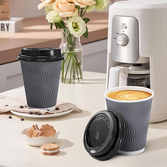 Disposable Coffee Cups with Lids, 16 oz, Gray, 100 Pack