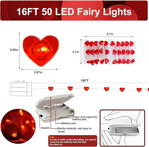 1 Pack Valentine’s Day Red Heart Fairy String Lights 16FT 50 LEDs Valentine's Day Lights Battery Powered Mother Day Decor