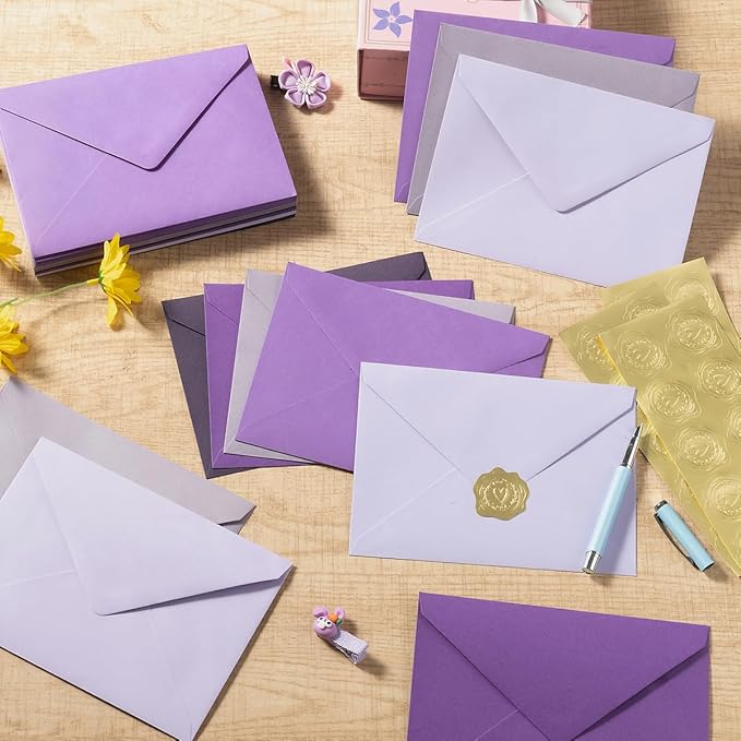 50 Pack Colored A7 Invitation Envelopes 5x7 with Gold Stickers for Cards and Invitations, 5 Colors (Purple, 5 1/4 x 7 1/4 inches)