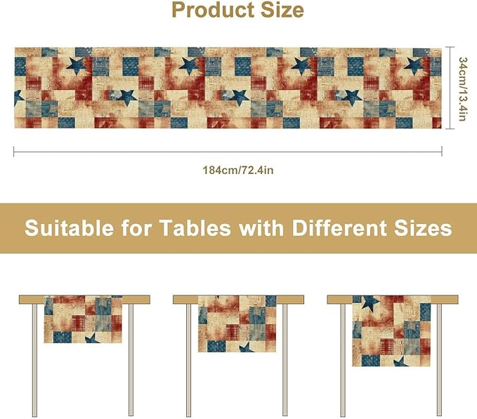 4th of July Table Runner, Rustic Vintage Country Red White Blue American Stars Independence Day Print Table Cover for Farmhouse Kitchen Dining Table Decor, 13x120inch