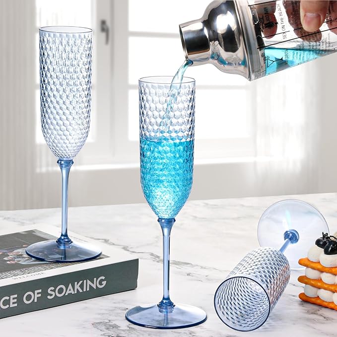 Champagne Glasses 24 Pack Dusty Blue Plastic Flutes, 5.5 oz