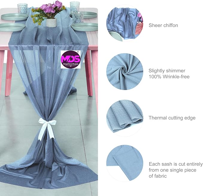 MDS Halloween Chiffon Table Runner - 20 Pack, 29 x 120 Inches, 10ft Each - Sheer Spooky Table Runners for Haunted House Parties, Trick-or-Treat Tables, Witchy Décor, Wedding & Events - Dusty Blue