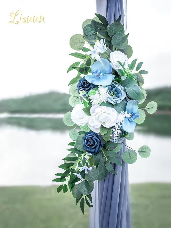Artificial Flowers Arch Swag Set, Grey Blue Silk Roses and Orchids