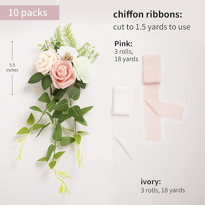 Artificial Flowers Pink Pew Bouquets, Set of 10 with Roses and Chiffon Ribbon