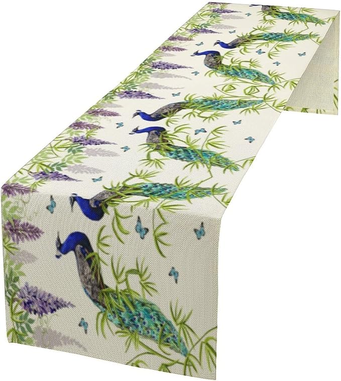Peacock Table Runner,Spring Plant Butterfly Print Seasonal Table Runner for Home Kitchen Dining Party Indoor Outdoor Decoration 13x36 Inch