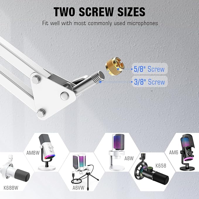 FIFINE Microphone Boom Arm, Suspension Mic Arm Stand with Mount Clamp, Metal Scissor Mic Stand with 3/8" to 5/8" Adapter for Home Studio Recording Podcast Gaming-CS1 White