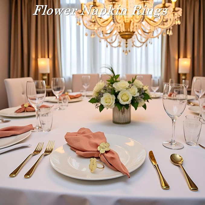 Napkin Rings, Gold Metal Floral Set of 50 for Table Decor