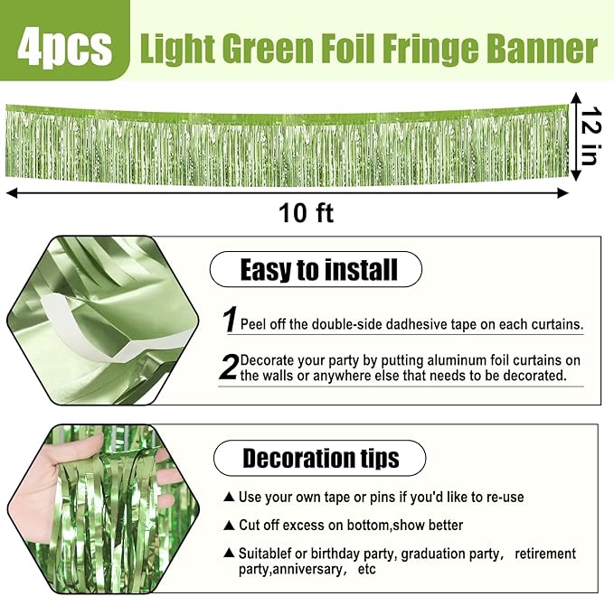 4 Pack 10 Feet Light Green Foil Fringe Garland Metallic Tinsel Streamers Banner Wall Hanging Curtain Backdrop for Parade Floats, Wedding, Graduate, Mother's Day, Birthday Party Decoration