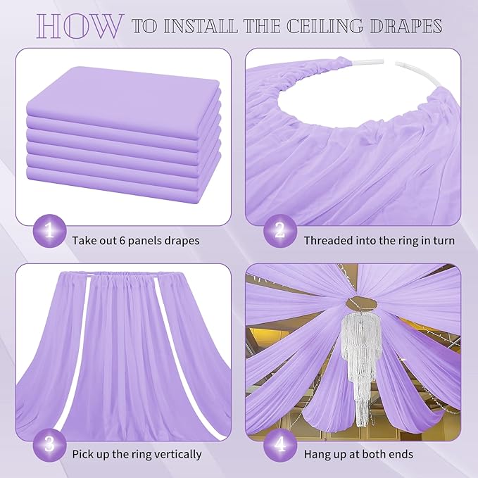 6 Panels Lavender Ceiling Drapes for Wedding 5ftx10ft Chiffon Fabric Arch Draping Curtains Sheer Drapery for Party Ceremony Birthday Baby Shower Reception Stage Swag Ceiling Decorations