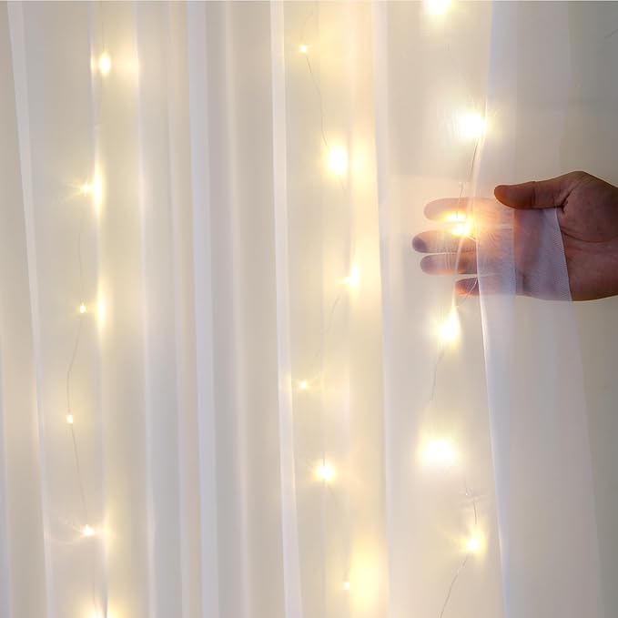 Sheer Backdrop Curtain with Lights String for Parites 20×10ft White Tulle Backdrop Curtain for Wedding Baby Shower Birthday Party Photo Shoot Decorations(4 Panels 5ft×10ft)