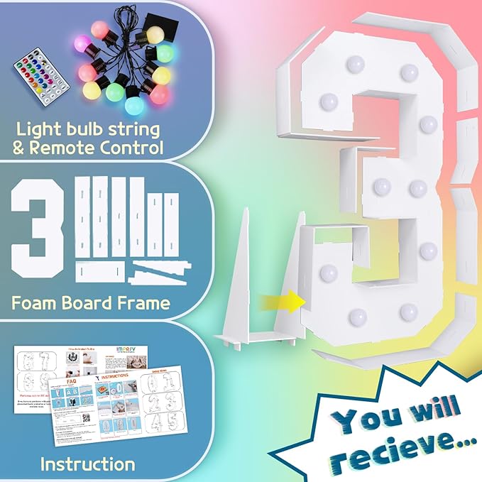Party Decoration Marquee Light Up Number 3, 4 ft Foam Board