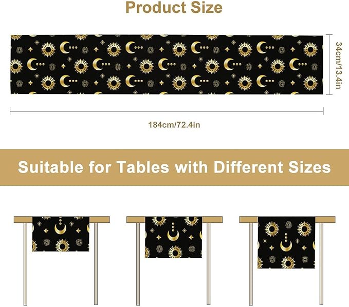 Magic Gold Sun Moon Stars Table Runner Mystical Farmhouse Rustic TableRunner for Party Holiday Dining Room Kitchen 13x120 Inch
