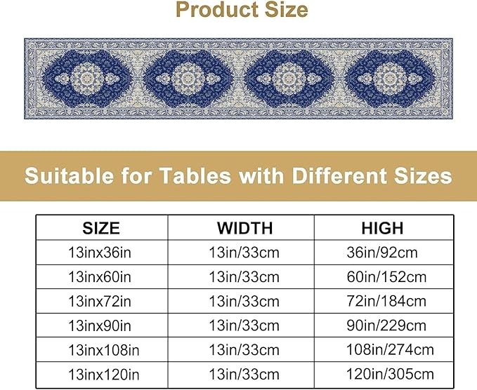 Boho Bohemia Style Dark Blue Table Runner, Country Rustic Farmhouse Magical Abstract Print Pattern for Home Kitchen Table Decor Dining Coffee Room Garden Party Decor 13x108in