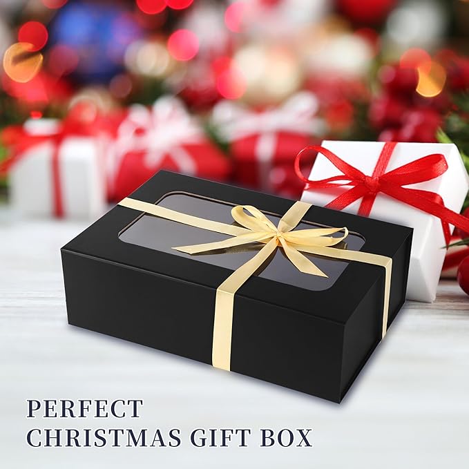 TIACABO Black Large Gift Box with Window, 13.5"x9"x4.3" Bridesmaid Boxe for Gifts Giving,Birthday Gift Boxes with Magnetic,Closure Lid Gifts Box for Presents,Cute Boxe,Luxury for Gift Packaging