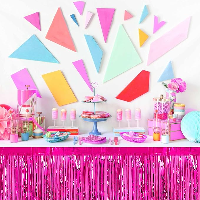 3 Pack 29 x108 Inch Fuchsia Foil Fringe Table Skirts Metallic Banner for Tinsel Streamer Garland Backdrop for Parade Floats Mother's Day, Graduate, Birthday, Wedding Party Decoration