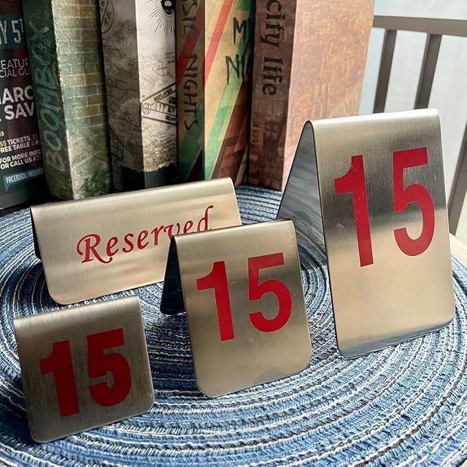 10 Pcs Metal Place Cards Stackable Tent Style Table Numbers，Place Card Holders for Celebration Wedding Party Restaurants Cafes Bars Gatherings meeting Room Board Game Serial (Small 41-50, Red)