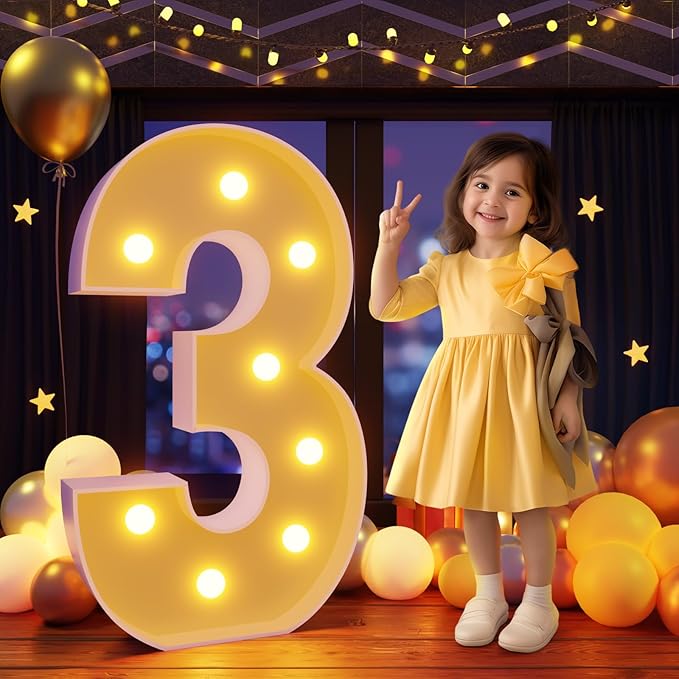 Balloons Light Up Number 3 Marquee Sign, 3 Ft Foam Board, Wall Mount