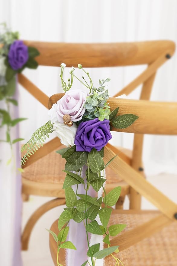 Artificial Flowers: Purple Rose Pew Flowers for Chairs, Set of 10
