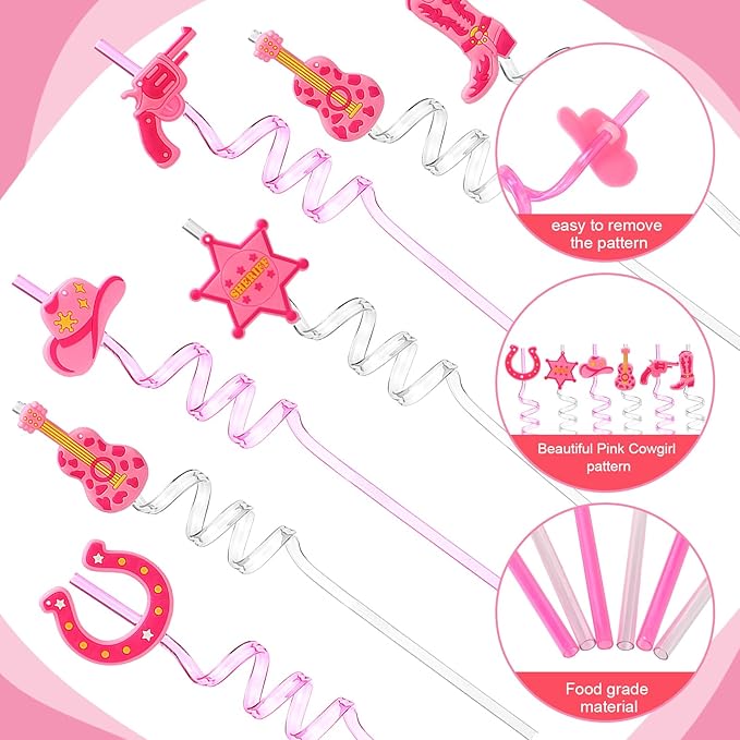Yungyan 36 Sets Pink Cowgirl Party Favors Goodie Cups with Lids and Straws for Halloween Party Decorations Reusable 16oz Plastic Candy Cups Plastic Straws for Birthday Gift(Pink Cowgirl)