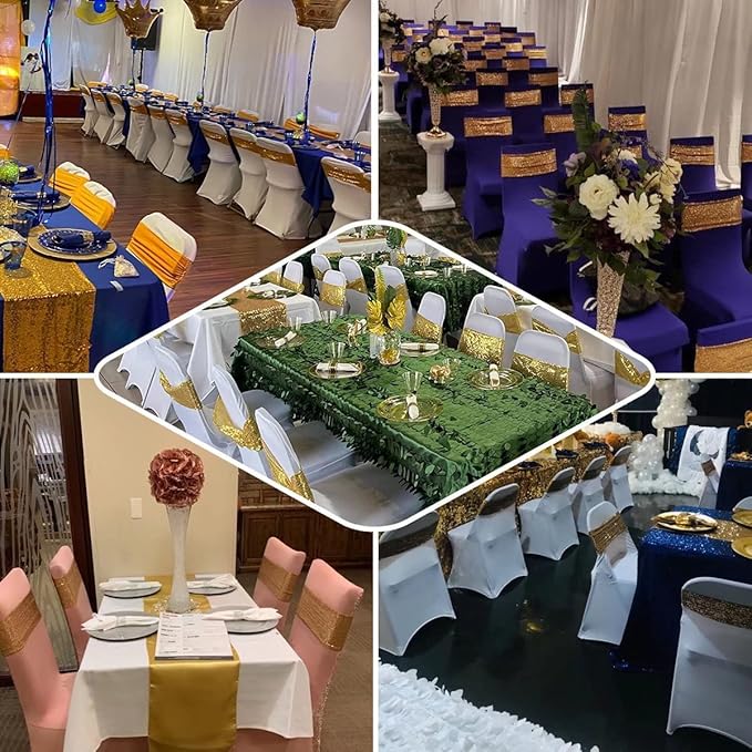 Chair Sashes Sequin Stretch Chair Bands Spandex Polyester Bows for Party Hotel Wedding Banquets Decoration - 6 Pcs Aqua