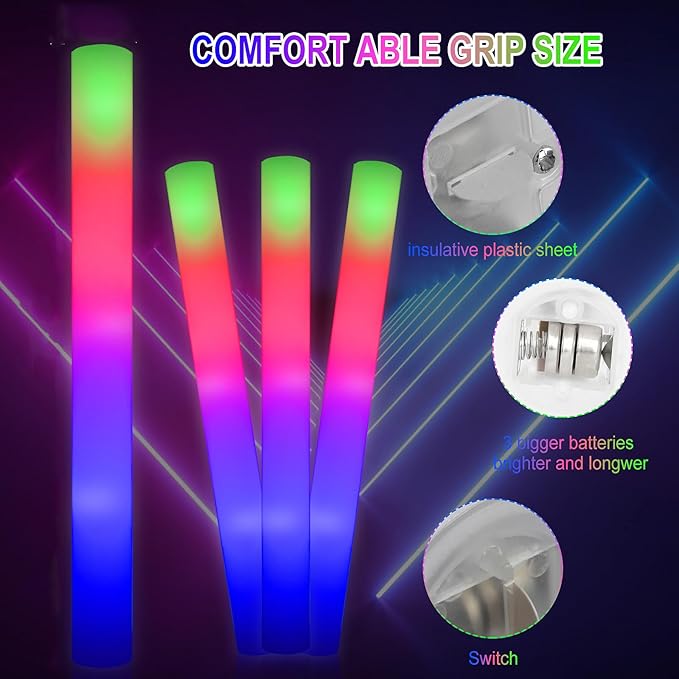 LifBetter 112 pcs Glow Foam Sticks, LED Glow Sticks 3 Modes Colorful Flashing, Foam Glow Sticks Bulk, Glow In The Dark Party Supplies for Weddings Parties Festivals Raves Concerts Sporting Events