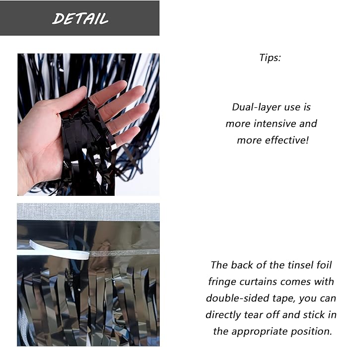 Black Foil Fringe Curtain 3.3×8.3FT 6 Packs, Metallic Tinsel Curtains Party Streamers for Birthday Graduation Baby Shower Decoration (6pcs,3.3FT×8.3FT, Black)