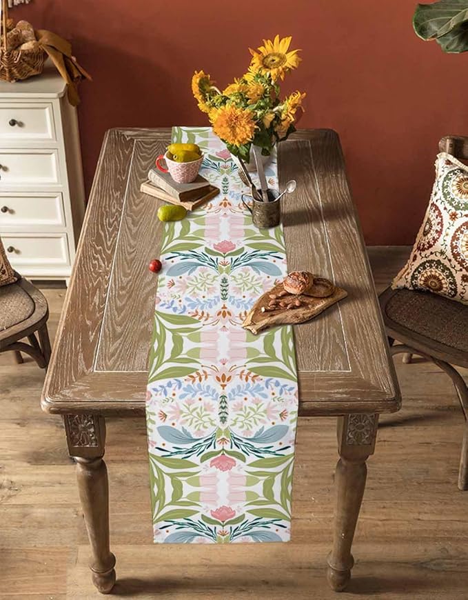 Green Blue Pink Boho Floral Cotton Linen Table Runner for Dining Kitchen, Wedding Outdoor Party Tablerunners Decoration, Retro Bohemian Botanical Dresser Scarf Coffee Tablecloth Runners 13x36 Inches