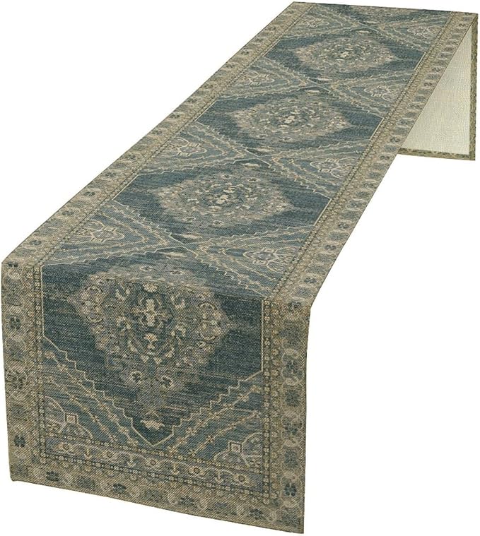 Boho Floral Vintage Table Runner, Blue Teal Retro Flower Rustic Country Farmhouse Pattern for Home Kitchen Table Decor Dining Coffee Room Party Decor 13x60in