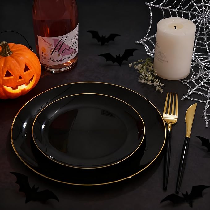 Plastic Party Plates, 60 Count, Black with Gold Rim, BPA Free