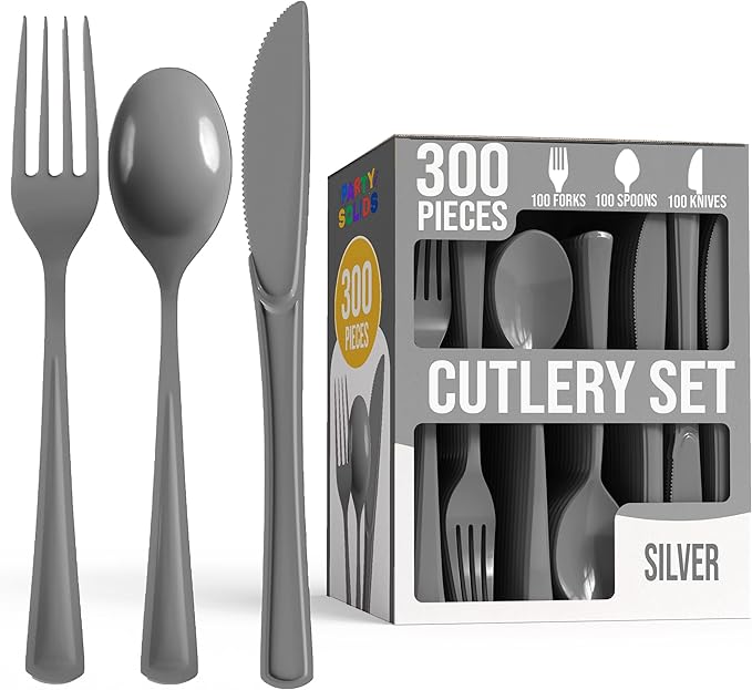 Plastic Cutlery Set, 300 Pieces in Silver with Forks, Spoons and Knives