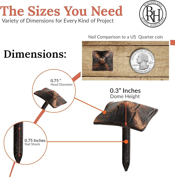 50 Pack 0.75" Square Head Iron Clavos Decorative Nails – Oil Rubbed Bronze – Handmade Rustic Square Fasteners for Farmhouse Shutters, Barn Doors, Shutters, Gates – Ornamental Wood Accent